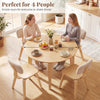 Round dining table set for 4 with rubber wood construction and padded chairs, ideal for kitchen or dining room use.