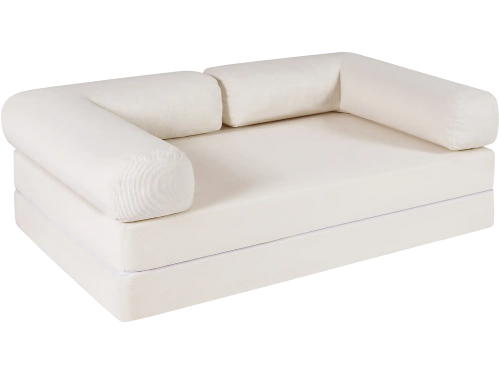 Beige 4-in-1 convertible folding sofa bed viewed from the side, featuring plush corduroy fabric for luxurious lounging.