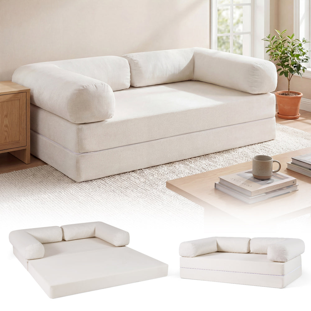 Convertible folding sofa bed in beige with removable armrests, plush corduroy cover, perfect for lounging or sleeping.