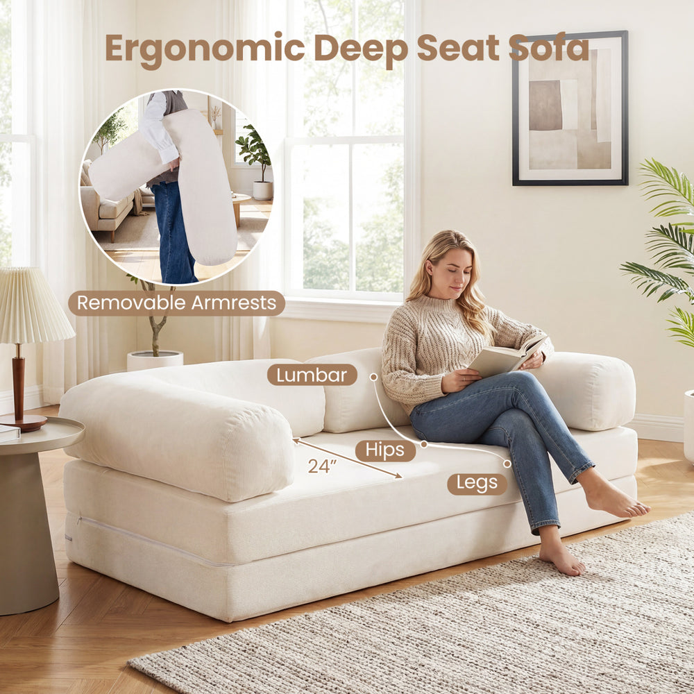 Ergonomic deep seat sofa in beige with removable armrests, featuring plush corduroy for versatile lounging and comfort.