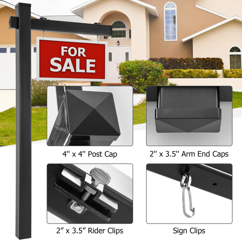 Black vinyl real estate yard sign post with 72" height, 36" arm, and stainless steel clips for easy mounting.