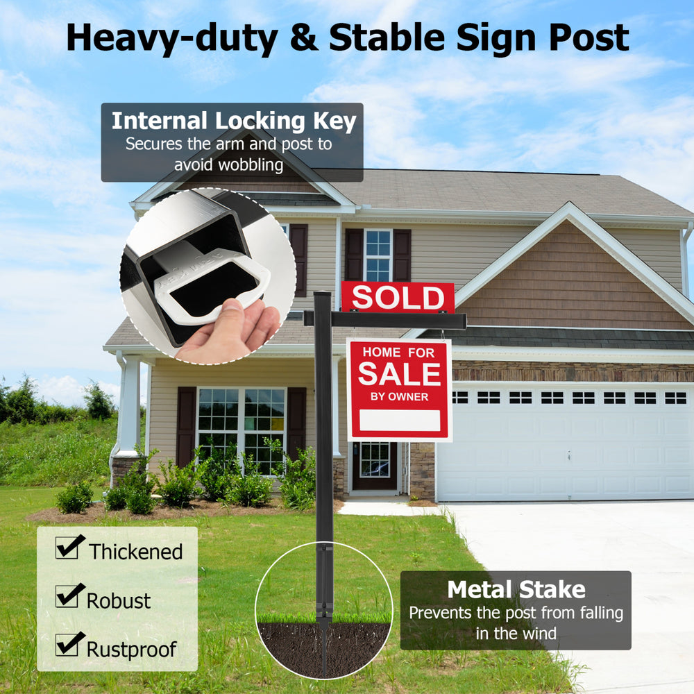 Heavy-duty 6-foot black vinyl real estate sign post with internal locking key, rust-free steel stake for stability.