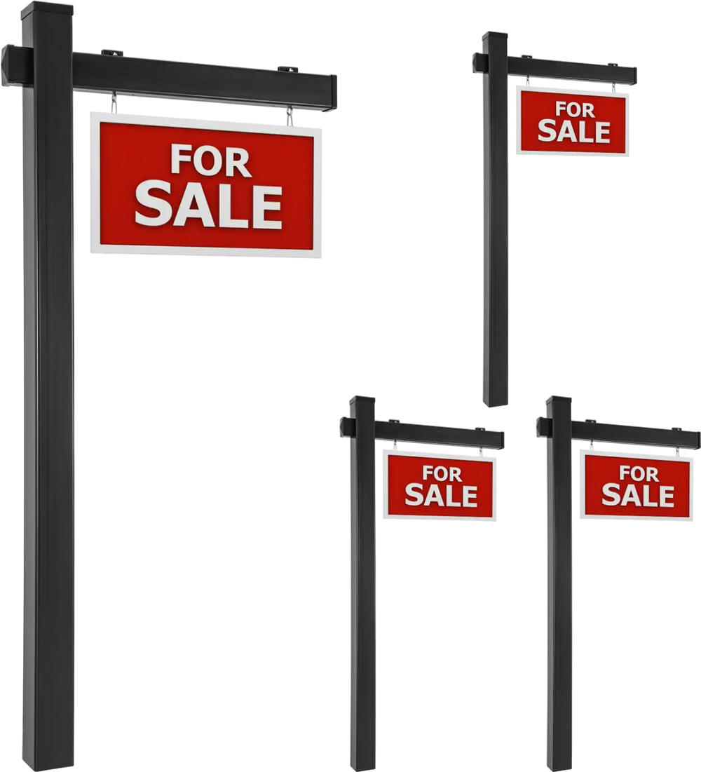 Set of 4 black real estate yard sign posts, 6 feet tall, durable UPVC, ideal for open house displays.