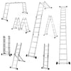 Folding aluminum ladder in various configurations, supporting 330 lbs with anti-slip rungs for safety and stability.