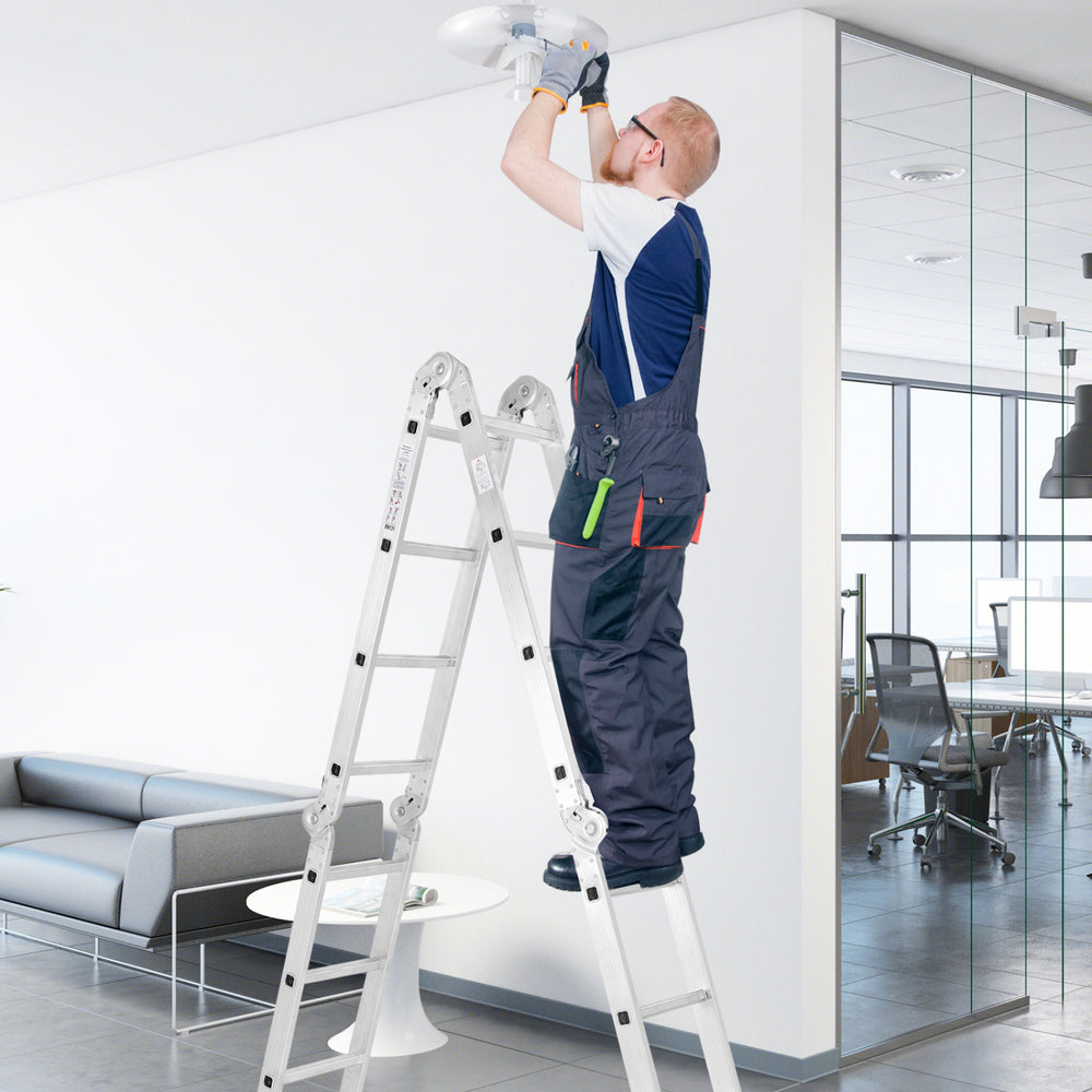 Folding aluminum ladder in use, showcasing safe locking hinge and anti-slip rungs for secure access to high areas.