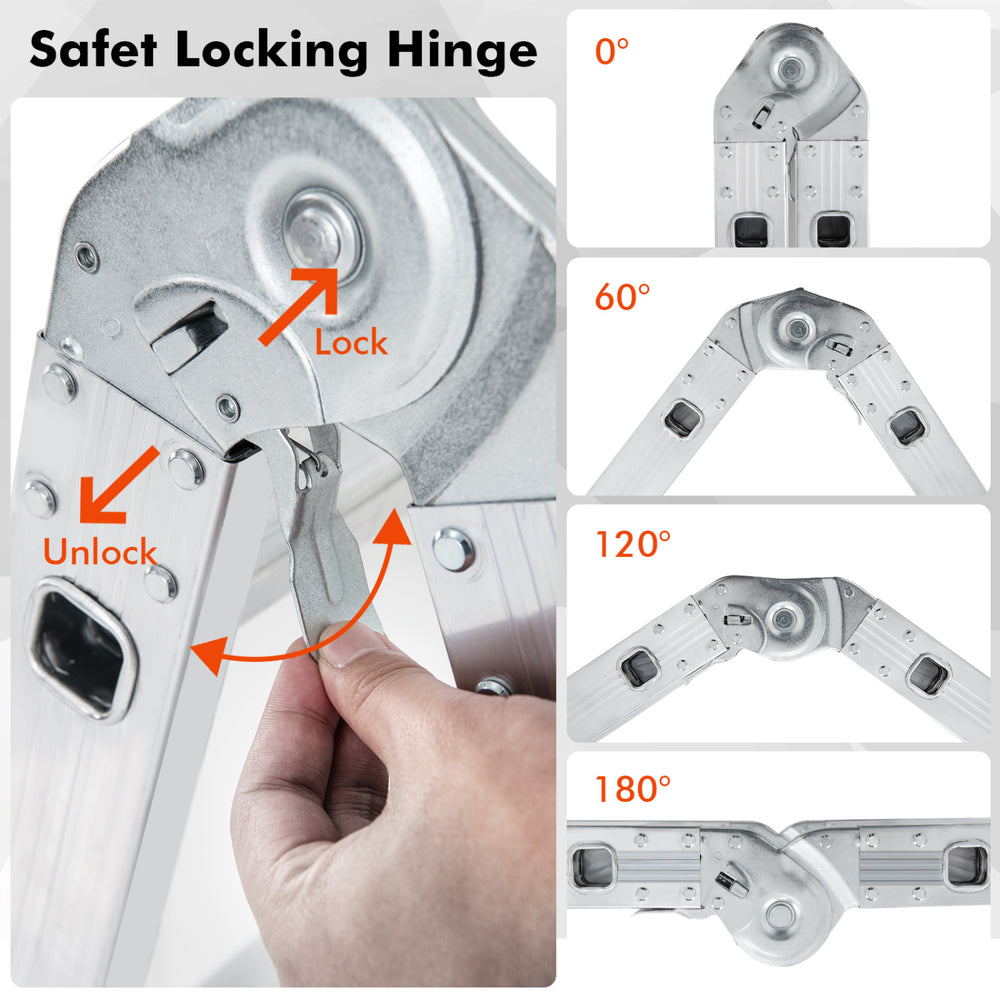 Close-up of the safe locking hinge on a 15 feet folding aluminum ladder, showcasing adjustable angles and locking.