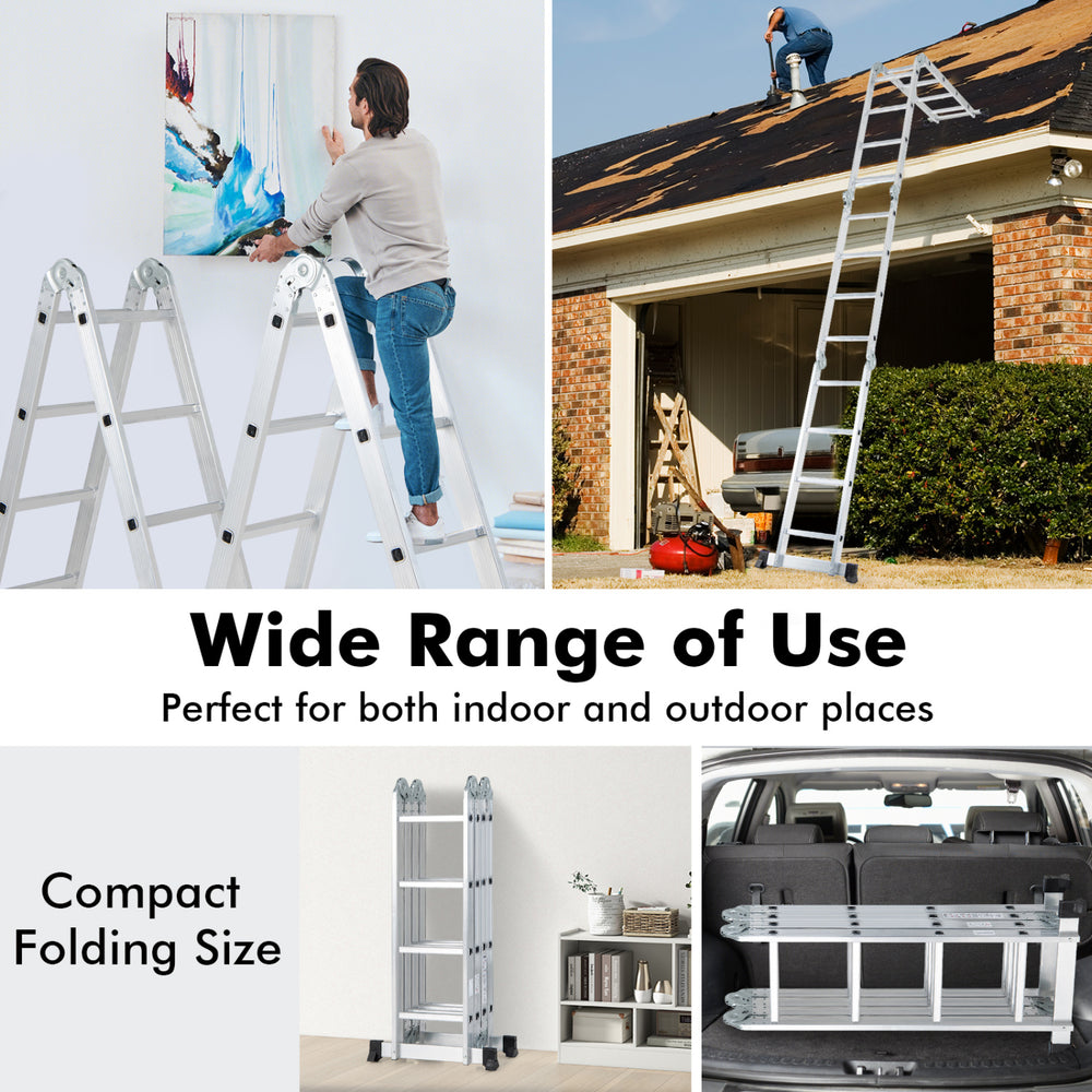 15 feet folding aluminum ladder in multiple configurations, featuring anti-slip rungs and compact storage for versatile.
