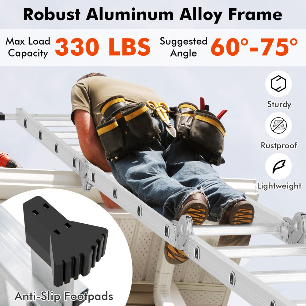 15 feet folding aluminum ladder with anti-slip footpads, supporting 330 lbs, shown in use at an adjustable angle.