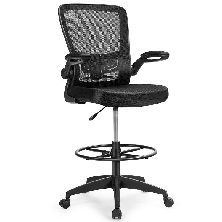 Ergonomic drafting chair with flip-up armrests and adjustable foot ring, designed for electric height adjustable desks.