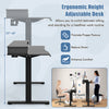 Electric height adjustable standing desk with ergonomic drafting chair, featuring storage drawers and lumbar support.