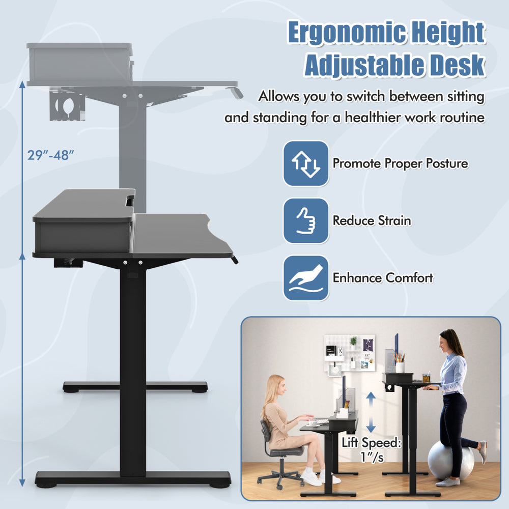 Electric height adjustable standing desk with ergonomic drafting chair, featuring storage drawers and lumbar support.