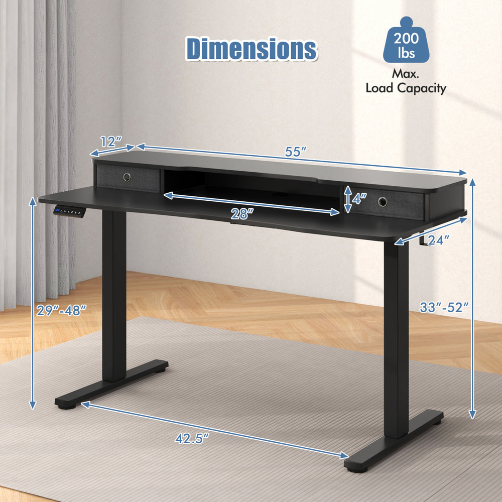 Electric height adjustable standing desk dimensions with storage drawers, supporting 200 lbs, ideal for ergonomic.
