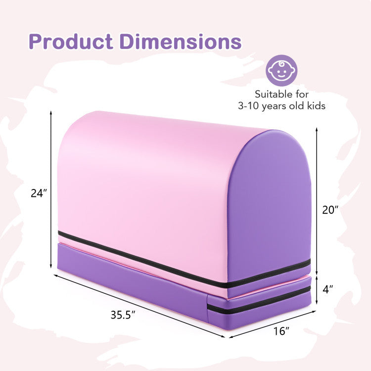 Yoga set dimensions showing a pink and purple vaulting box, suitable for kids aged 3-10, ideal for gymnastics and yoga.