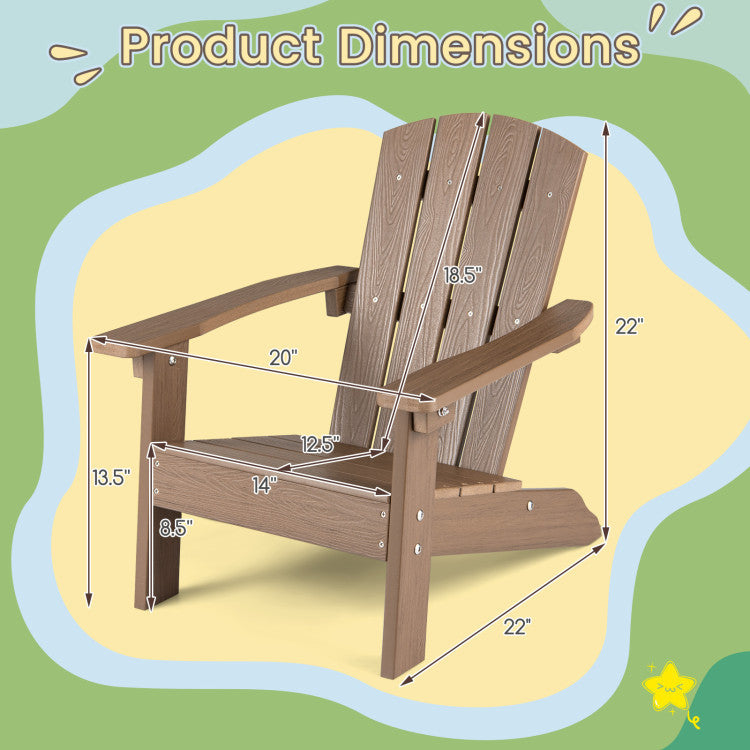 Kids Adirondack chair dimensions showing 22" height, 20" width, and 14" seat depth for outdoor play and relaxation.