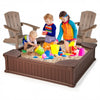 Kids playing in a large sandbox with cover, surrounded by two kid-sized Adirondack chairs for outdoor fun.