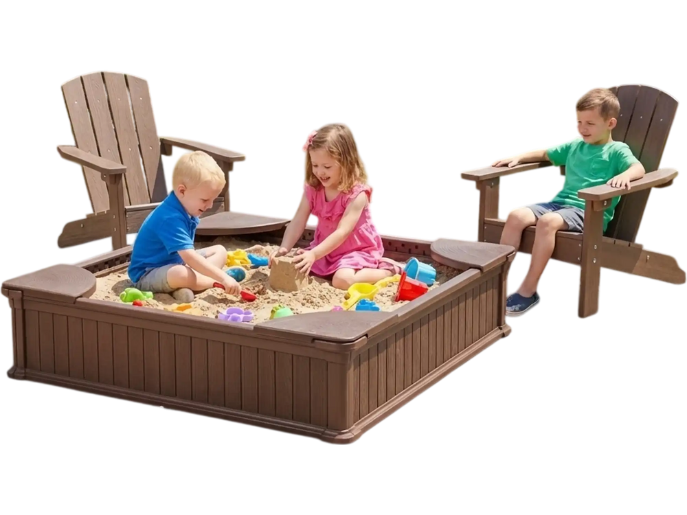 Kids playing in a sandbox with cover, surrounded by two kid-sized Adirondack chairs for outdoor fun and relaxation.