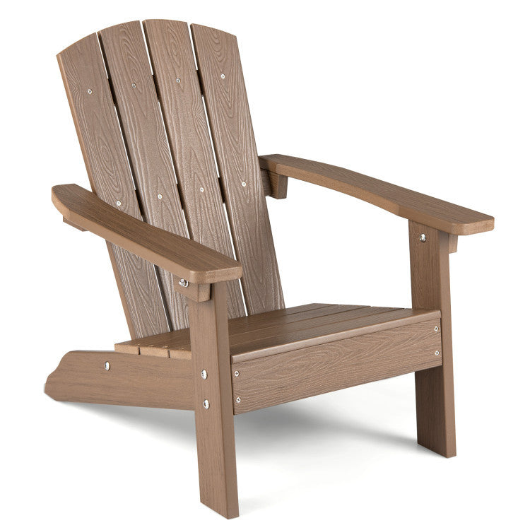 Kid-sized Adirondack chair in a natural finish, designed for outdoor relaxation in a sandbox play area.