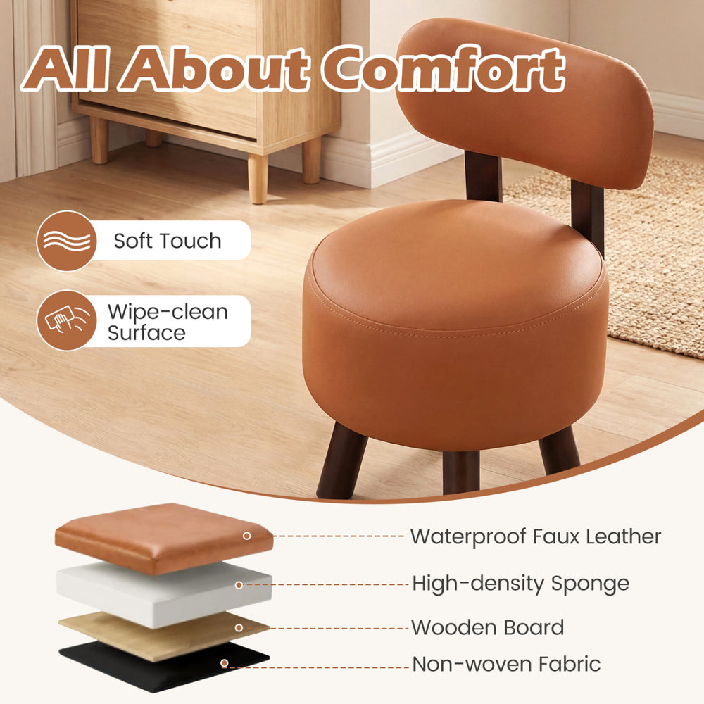 Round orange footrest stool with backrest, featuring wipe-clean faux leather and rubber wood legs for stability.