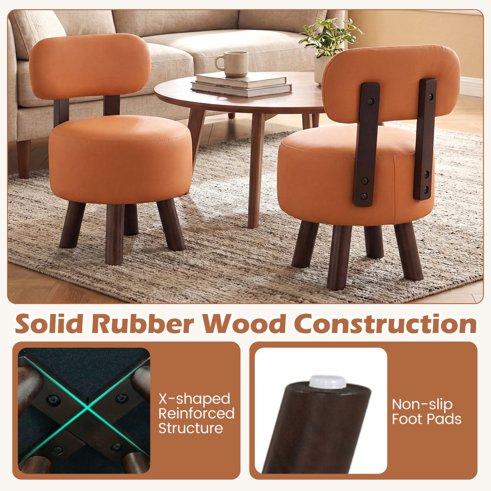 Round orange footrest stools set of 2 with backrest, rubber wood legs, ergonomic design, ideal for living rooms.