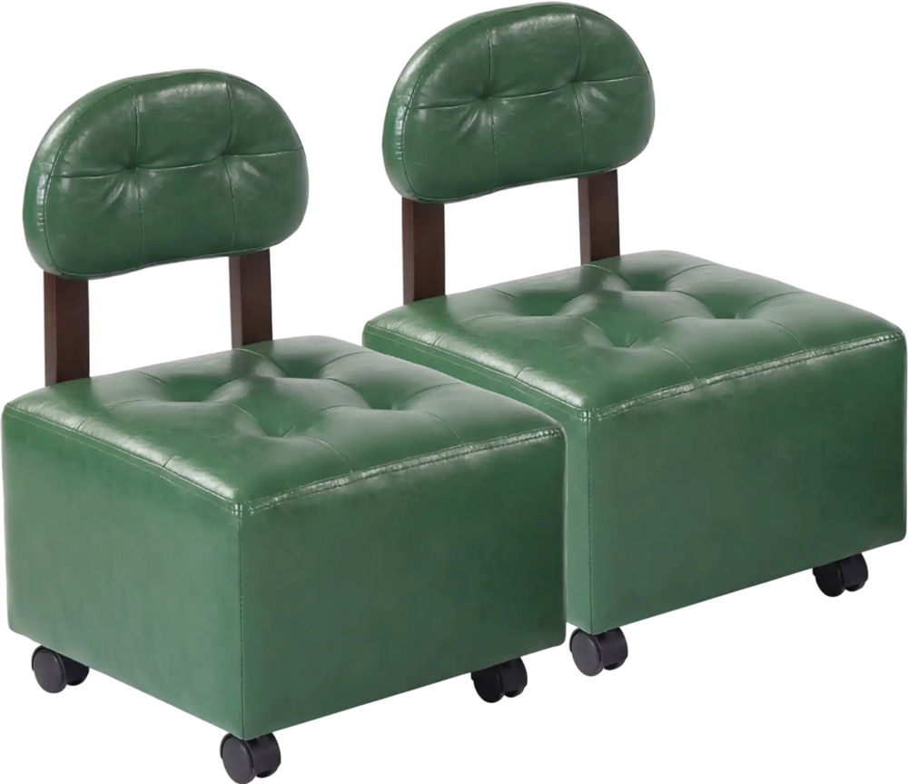 Small green rolling footrest stools set of 2 with supportive backrests and lockable wheels for versatile use.