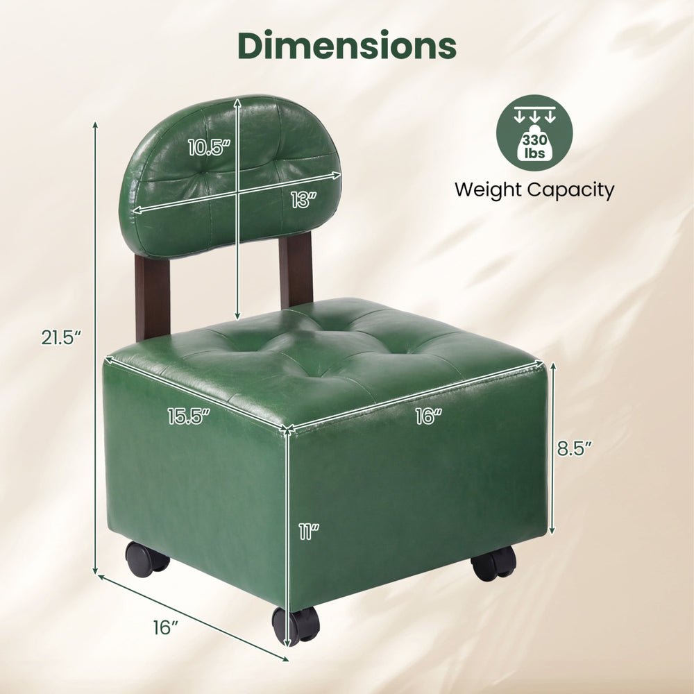 Green small rolling footrest stool with supportive backrest, lockable wheels, and compact dimensions for versatile use.