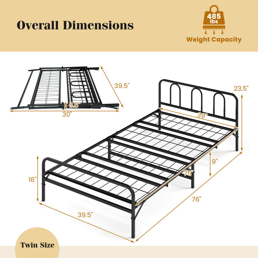 Twin size heavy-duty metal foldable bed frame in black with headboard and footboard, designed for easy storage and.