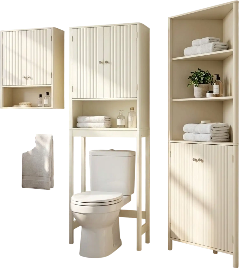 3-Piece Bathroom Cabinet Set with Fluted Doors, Over Toilet, Corner & Wall Cabinet