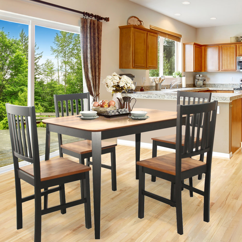 Dining table and chair set with walnut wood grain finish, ideal for home kitchen, featuring four high backrest chairs.