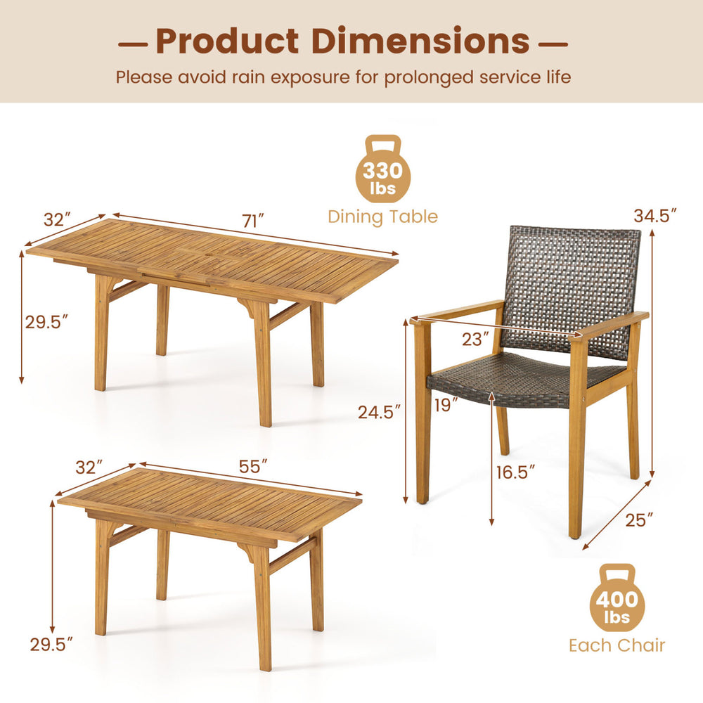 Expandable patio dining set featuring a 71” acacia wood table and ergonomic chairs, perfect for garden gatherings.