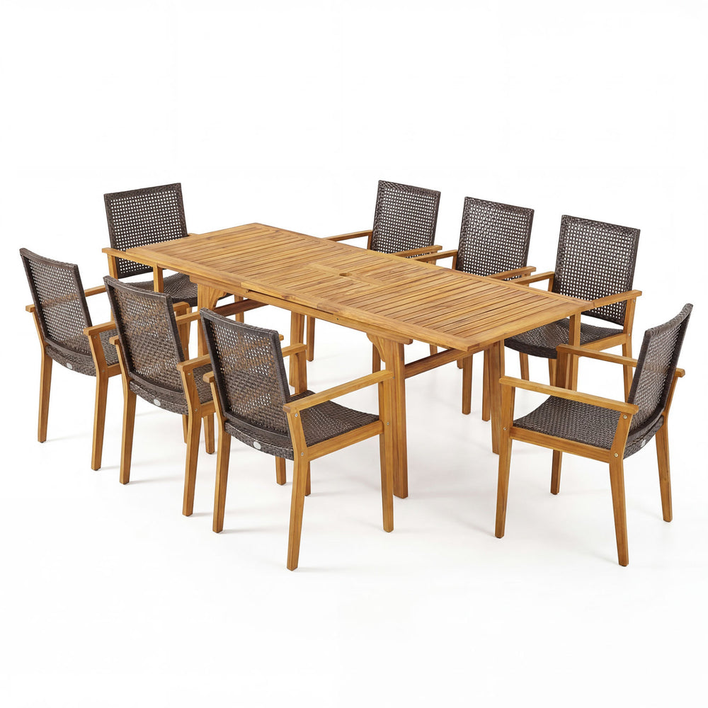 9-piece patio dining set showcasing the elegant arrangement of acacia wood table and PE rattan chairs, ideal for.