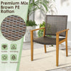 Brown PE rattan chair with acacia wood arms, designed for comfort and durability, perfect for patio dining.
