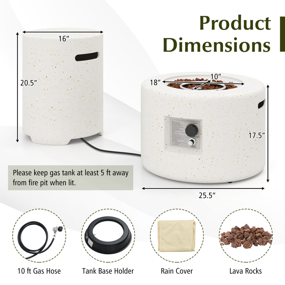 40,000 BTU fire pit table set with hideaway tank holder, made of terrazzo, featuring a control panel and rain cover.