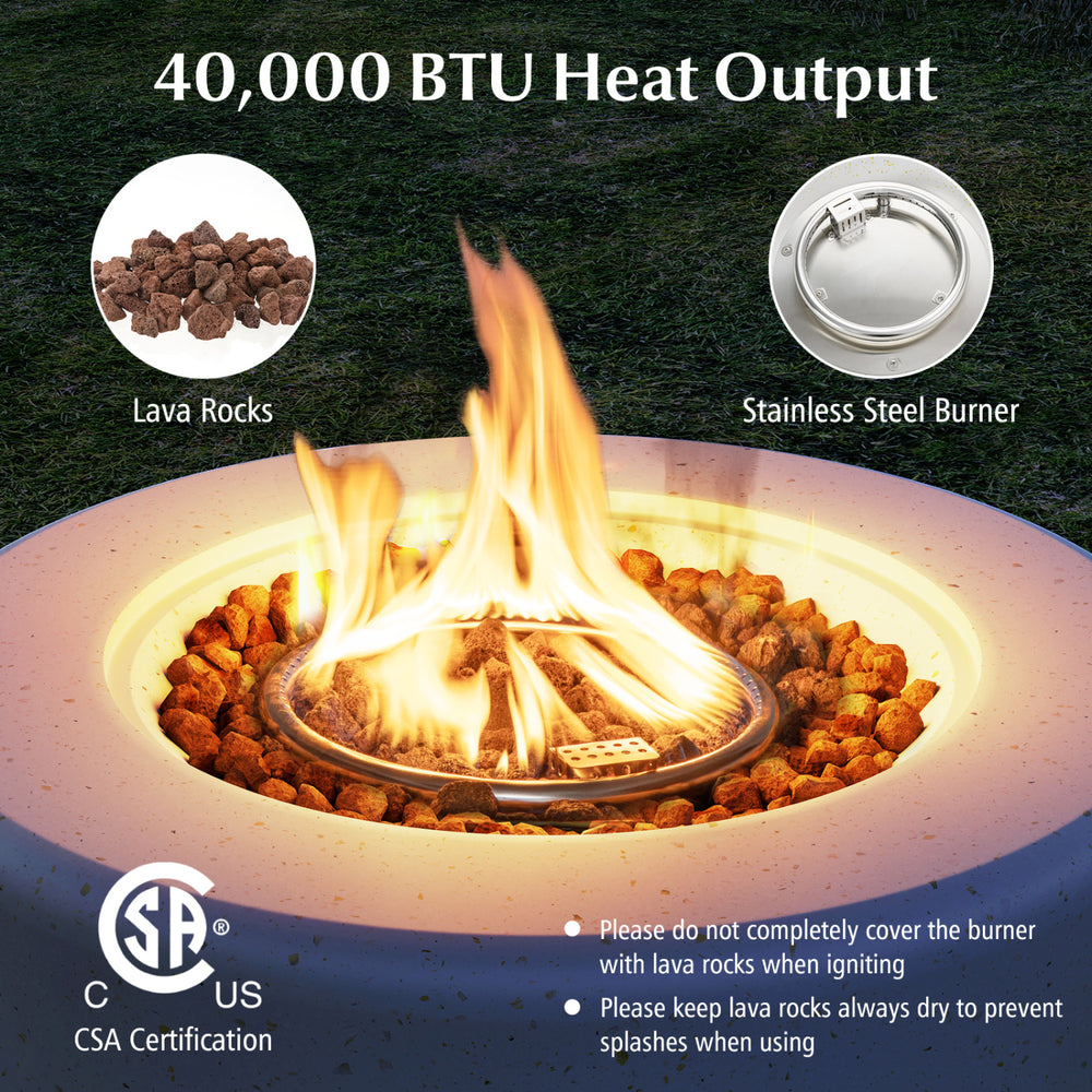 40,000 BTU fire pit table set featuring a stainless steel burner and lava rocks, ideal for outdoor warmth and.