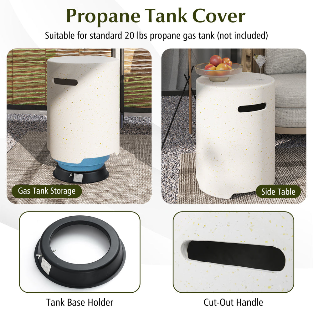 Gas tank holder made of terrazzo, featuring a cut-out handle, doubles as a side table for outdoor use.