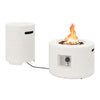 Terrazzo fire pit table set with hideaway tank holder, featuring fanning instructions and adjustable footpads for.