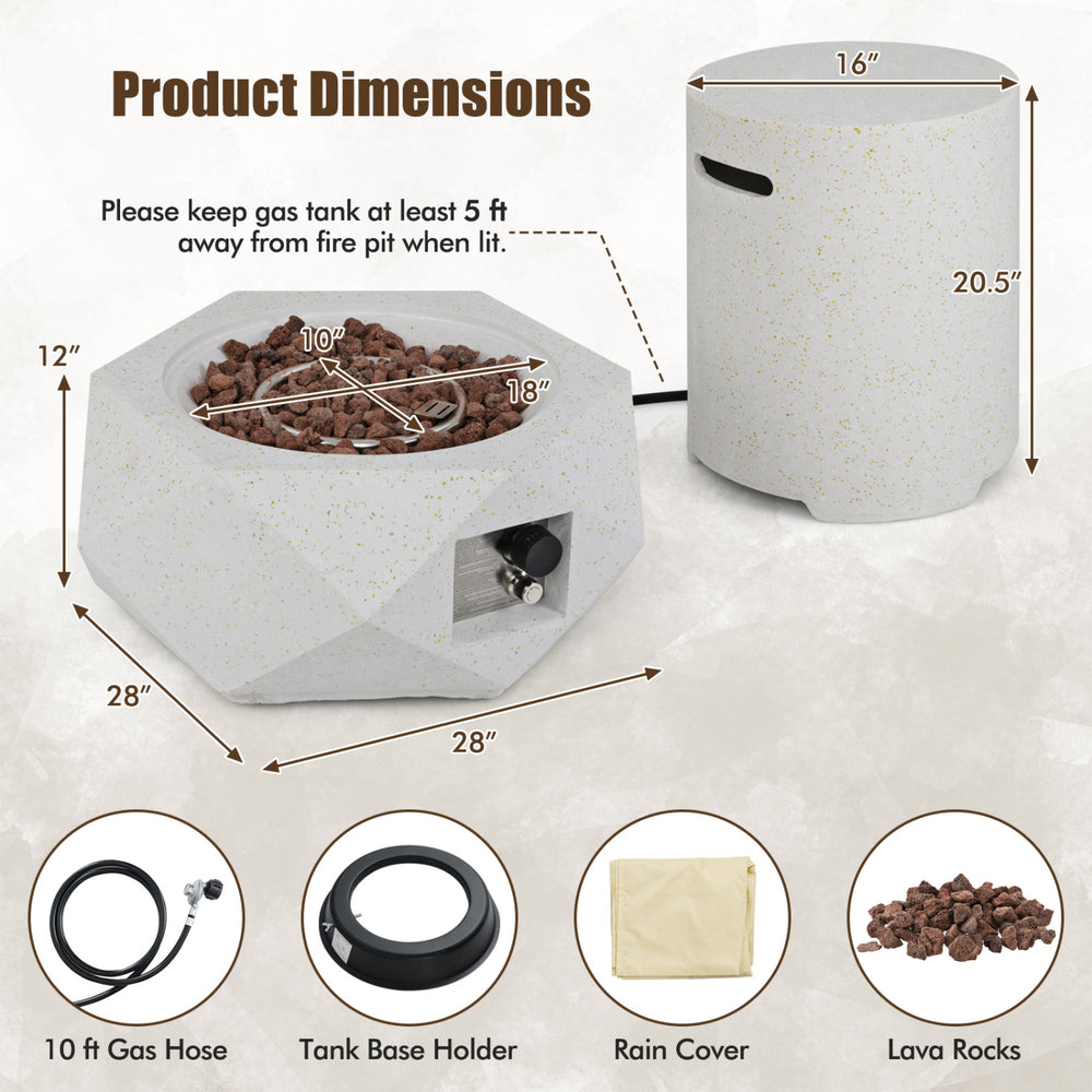 Terrazzo fire pit table set with stainless steel burner, 40,000 BTU, includes tank holder and rain cover for outdoor.