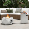 Fire pit table set with stainless steel burner, made of terrazzo, providing 40,000 BTU heat output for outdoor warmth.