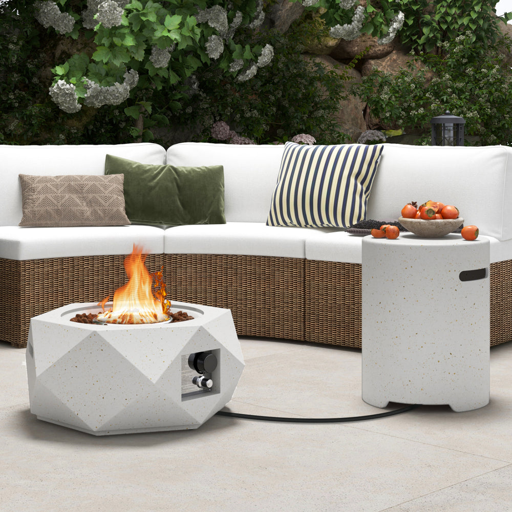 Fire pit table set with stainless steel burner, made of terrazzo, providing 40,000 BTU heat output for outdoor warmth.