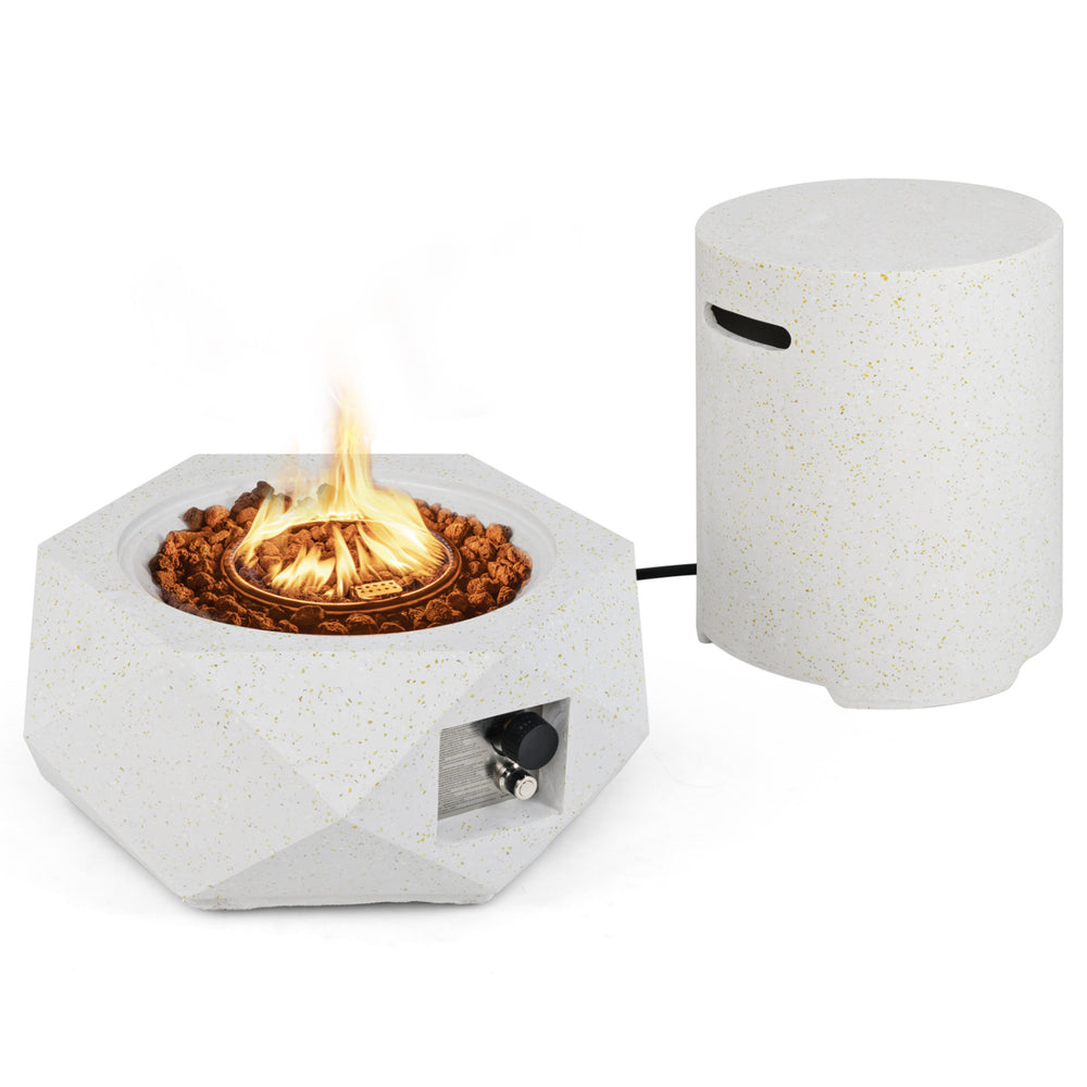Terrazzo fire pit table set with stainless steel burner, 40,000 BTU, includes gas tank holder side table for outdoor.
