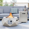 Geometric terrazzo fire pit table with stainless steel burner, 40,000 BTU, paired with a matching side table for.