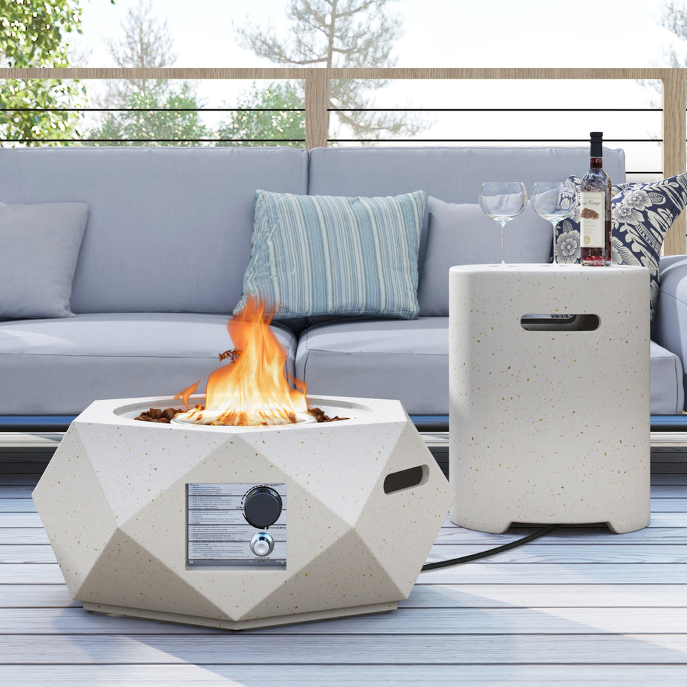 Geometric terrazzo fire pit table with stainless steel burner, 40,000 BTU, paired with a matching side table for.