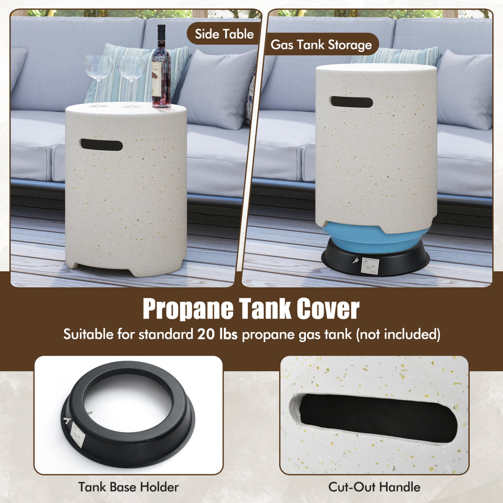 Gas tank holder and side table made of terrazzo, designed for a 20 lbs propane tank, featuring cut-out handle for easy.