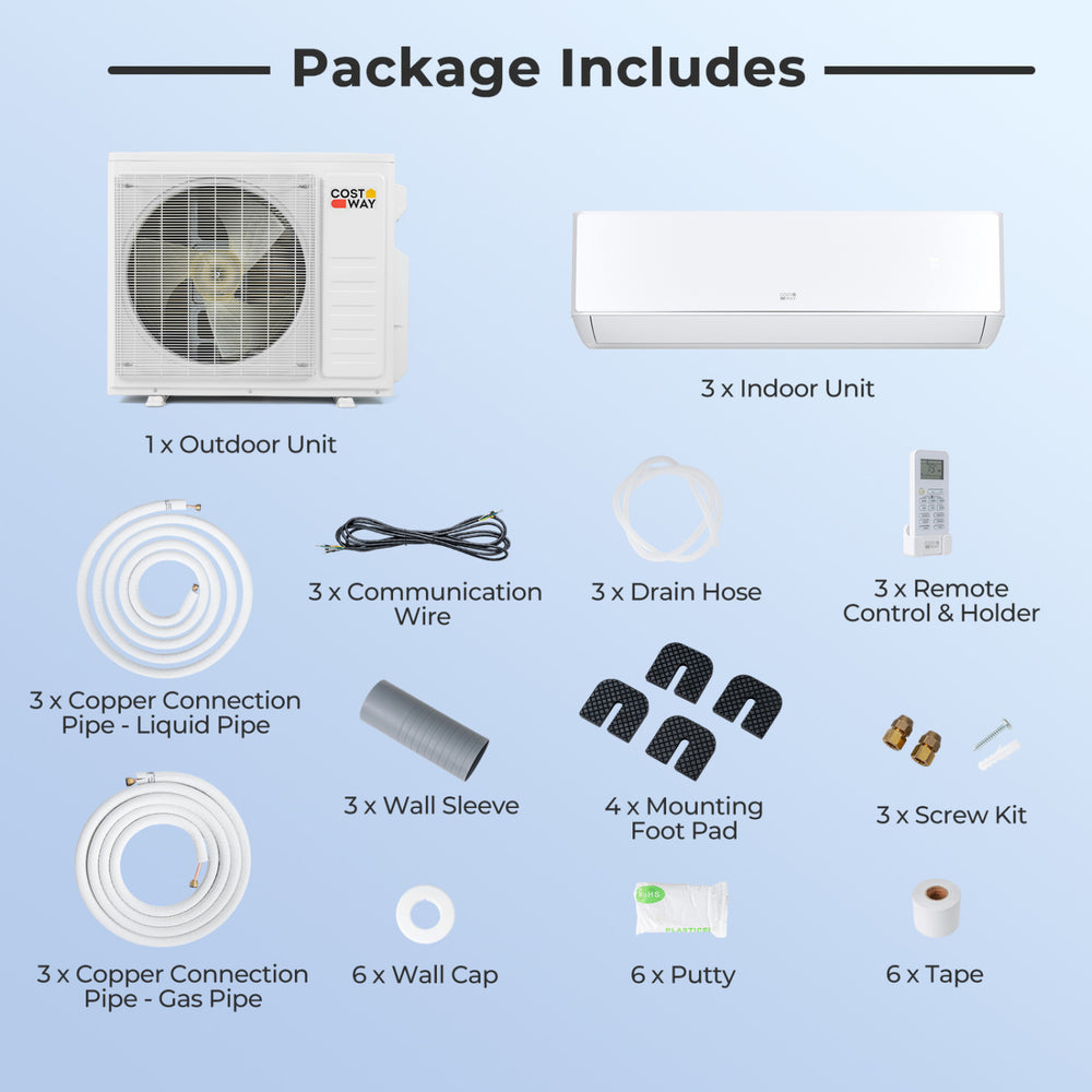 X-Pro 27000 BTU Mini Split AC package includes 3 indoor units, outdoor unit, and installation accessories for efficient.