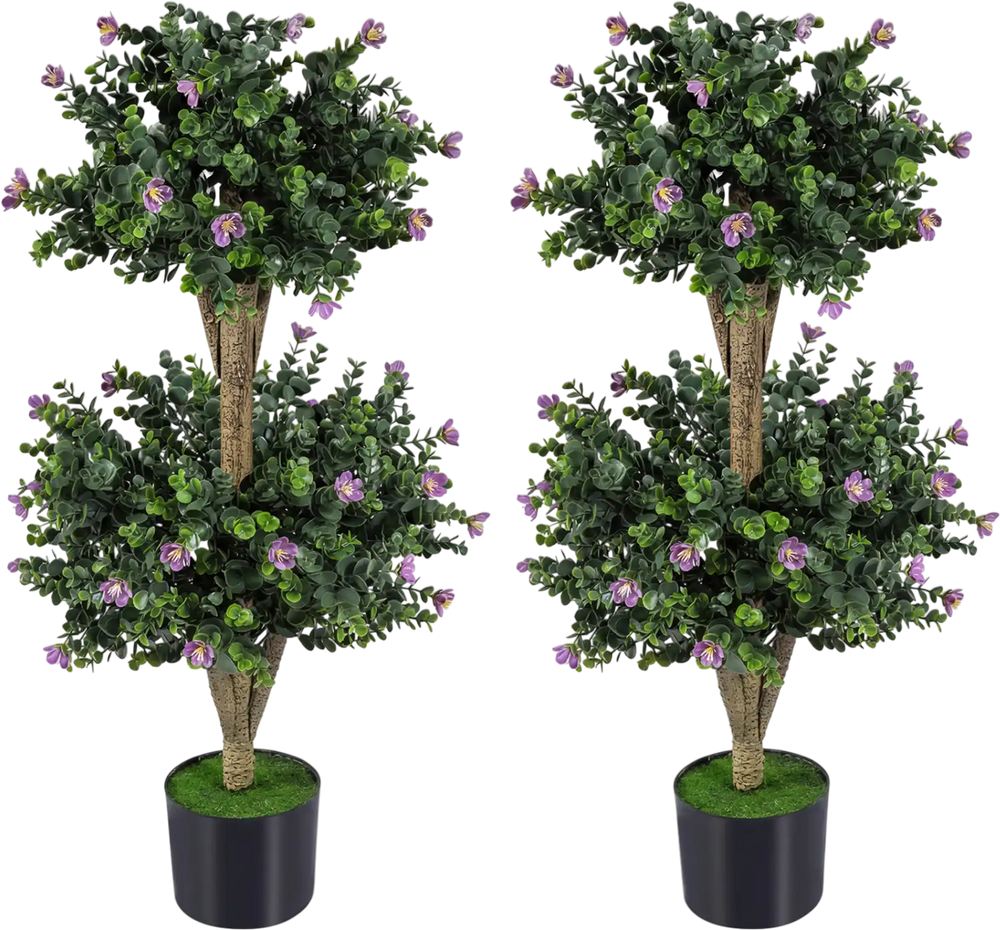 Set of 2 faux bush plants with 41 vibrant flowers in a cement-filled pot, perfect for home or office decor.