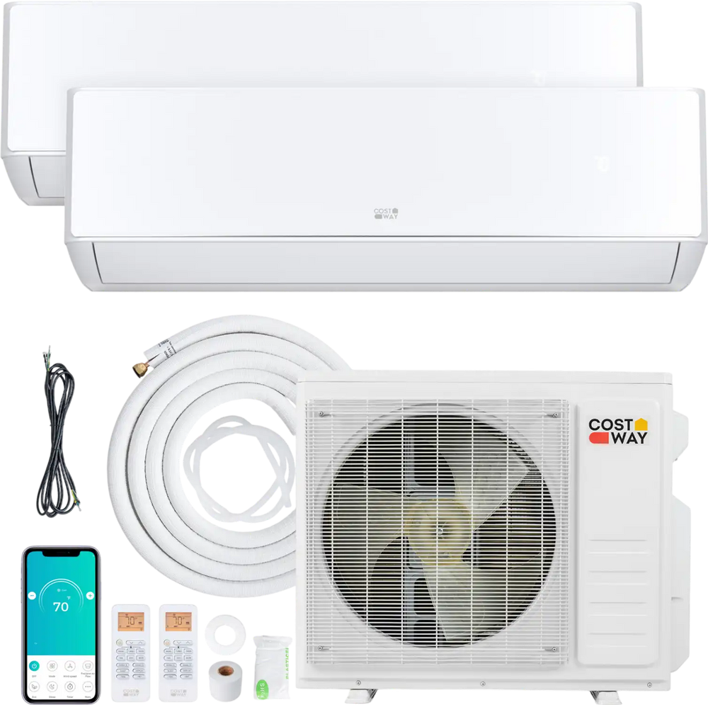 X-Pro 18000 BTU mini split AC system with heat pump for 2 zones, featuring inverter technology and smartphone control.