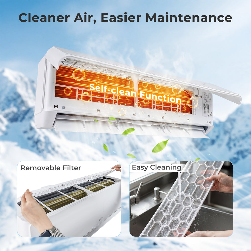 Self-cleaning function of the X-Pro 18000 BTU Mini Split AC with removable filter for easy maintenance and cleaner air.