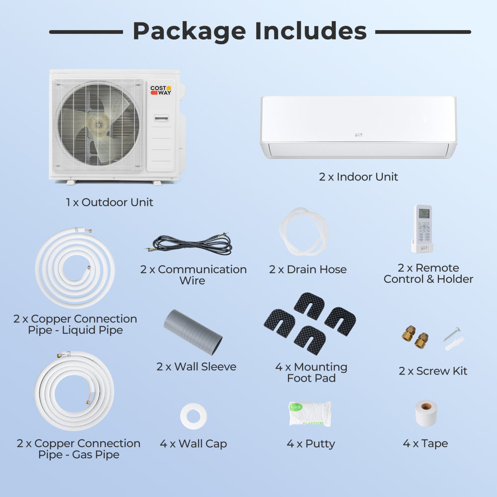 X-Pro 35000 BTU mini split AC package includes 2 indoor units, outdoor unit, and installation accessories for efficient.