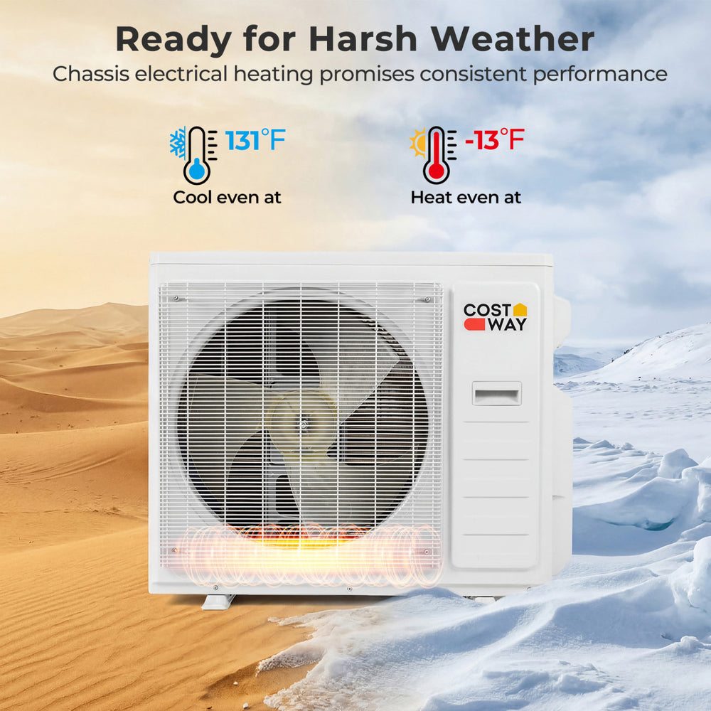 X-Pro 35000 BTU Mini Split AC with Heat Pump, showcasing chassis electrical heating for consistent performance in harsh.