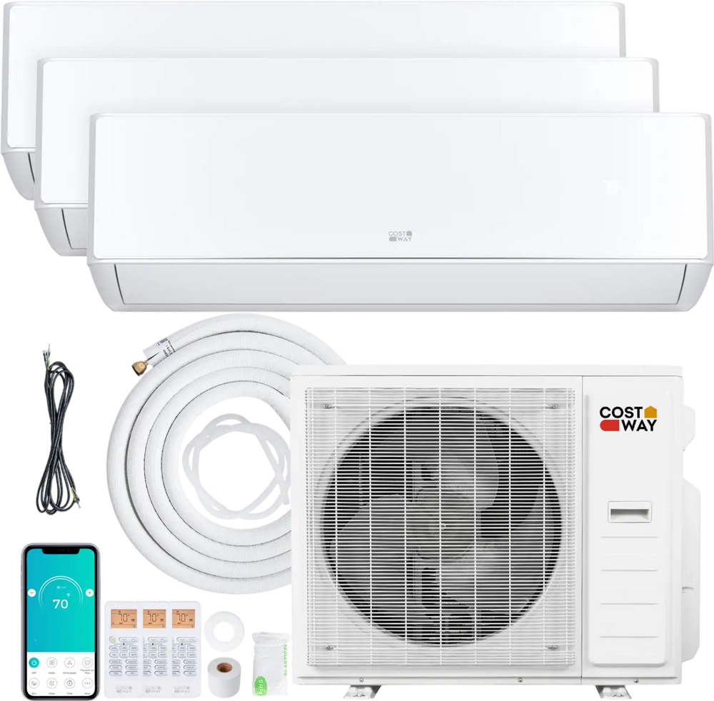X-Pro 35000 BTU mini split AC system with heat pump for 3 zones, featuring energy-efficient inverter technology.