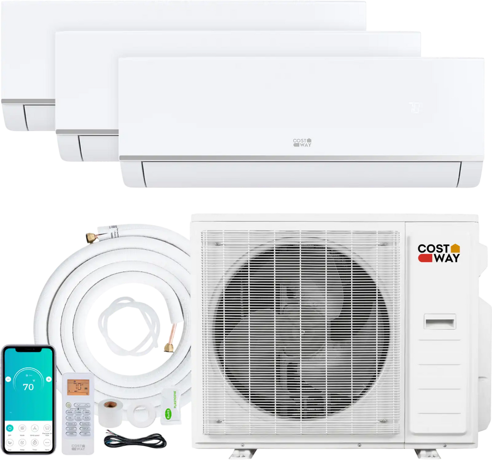 Blast Pro 38000 BTU mini split AC system with 3 indoor units, remote control, and energy-efficient heat pump for home.